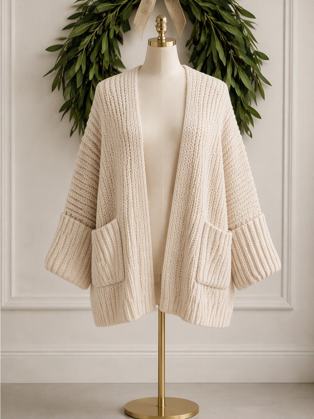 POL Ivory Cream 3/4 Sleeve Chunky Open Cardigan Medium Oversized